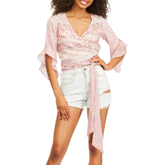Billabong Flower Crop Top Pink Wrap Boho Beach Ruffle Surfer Blouse Sz Large - Picture 1 of 9